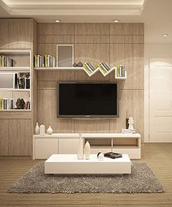 Modern living room featuring a flat-screen TV, white furniture, bookshelves, a coffee table, and a cozy gray rug.