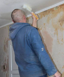 A man is painting the ceiling of a room with a roller, standing on a ladder.